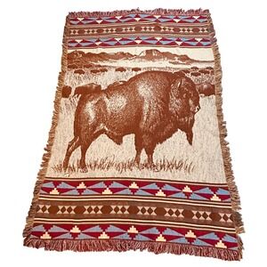 Woven Buffalo Throw Blanket Southwest Native American Tribal Bison Lodge Rustic